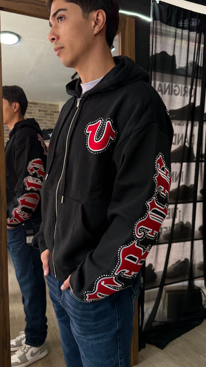 True Script Patch Boxy Zip Up Hoodie